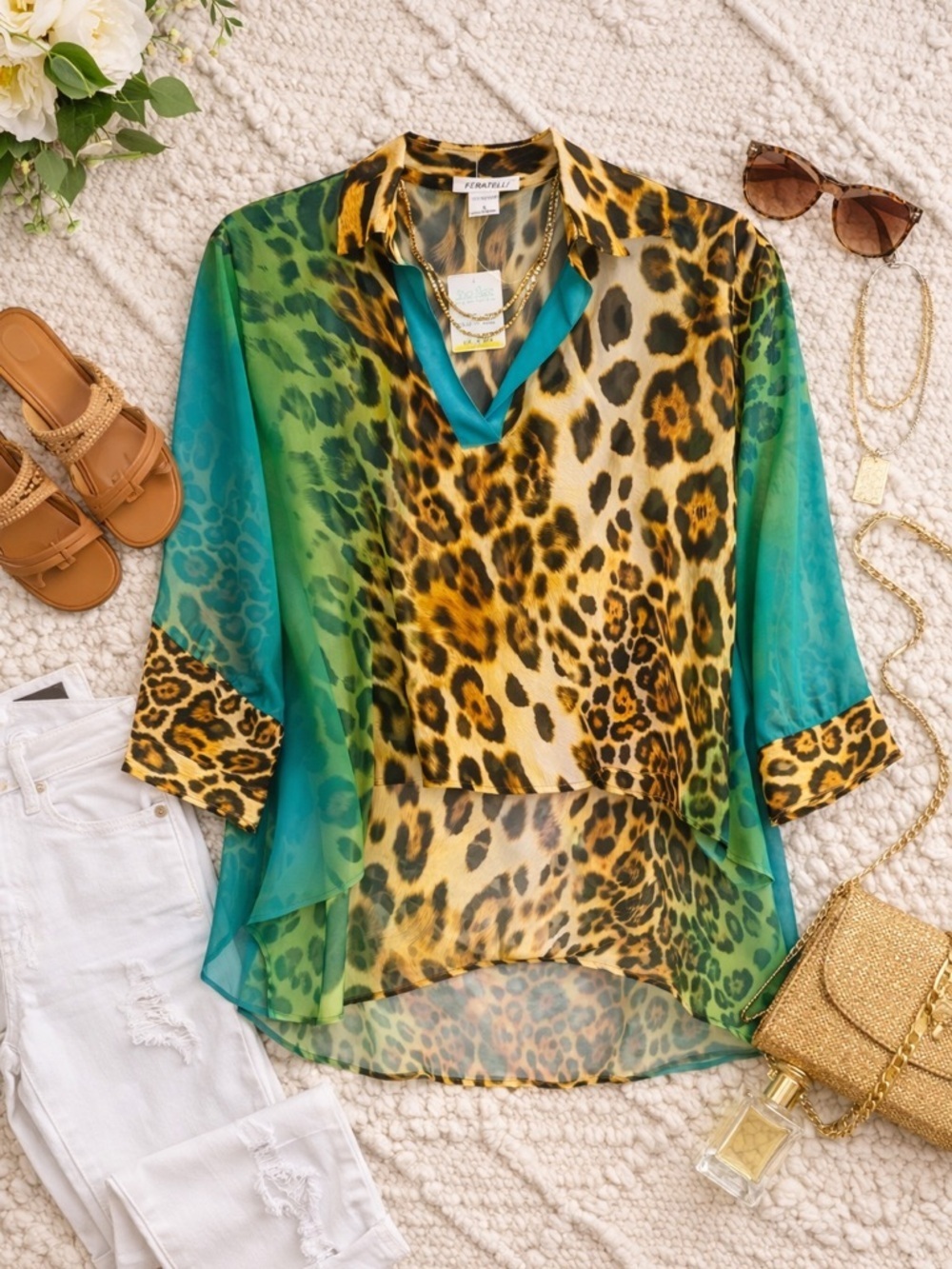 Feratelli Sheer Green Animal Print Blouse Hi-Low Top NWT Size Small Vacation
